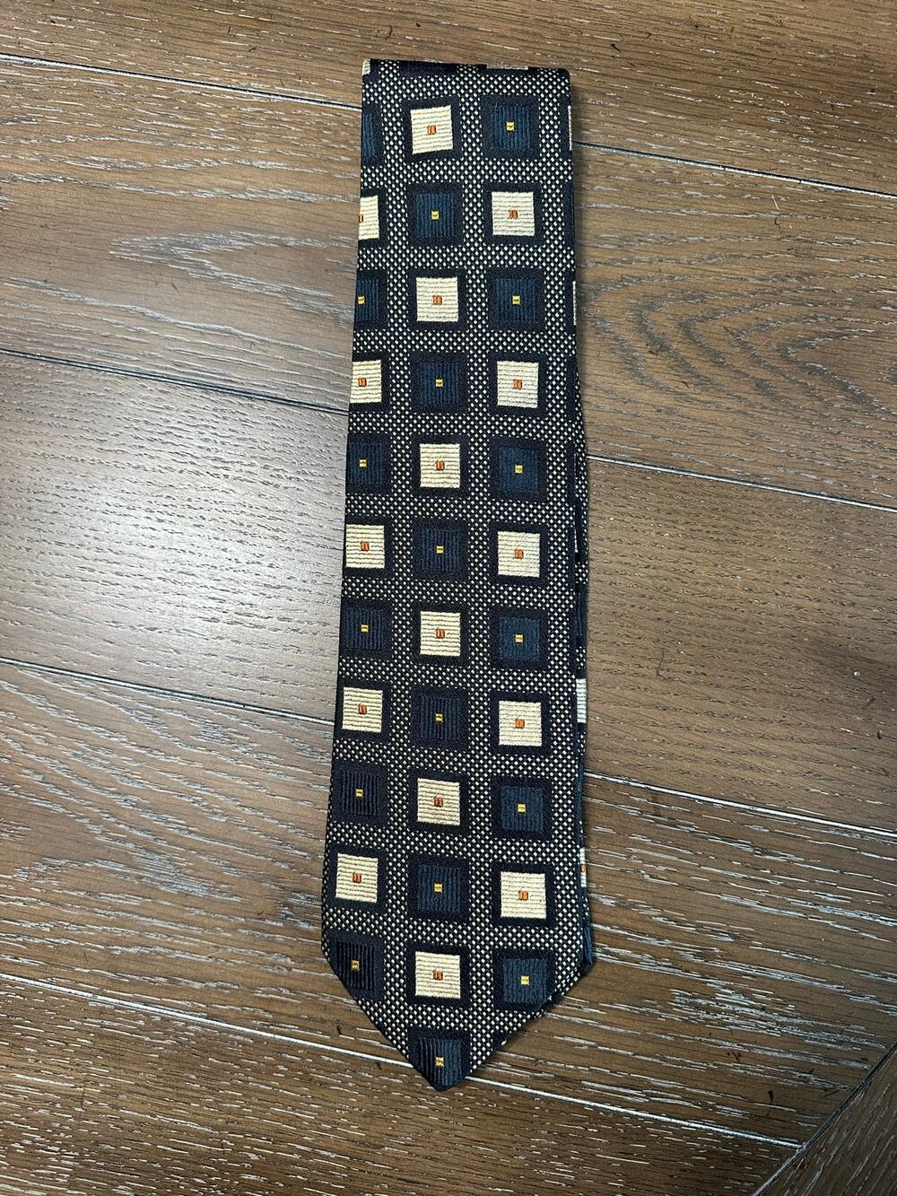 EUC CANALI Mens Silk Tie Black Gold Geometric Diamond Square Hand Made Italy